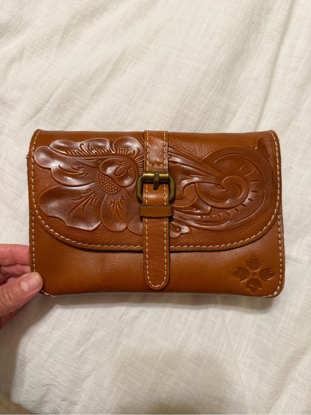 Patricia Nash Torri Cognac Floral Tooled Leather Clutch Crossbody Bag